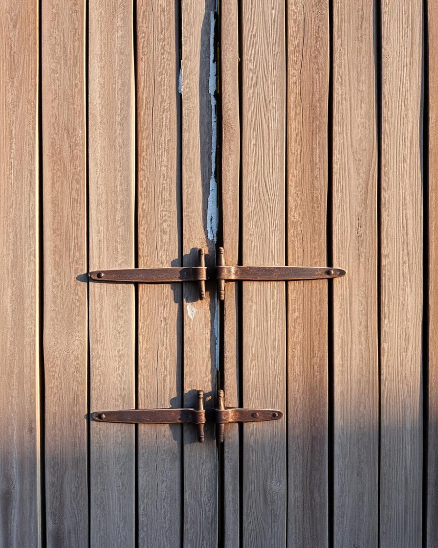 Weathered barn wood with rusted hinges