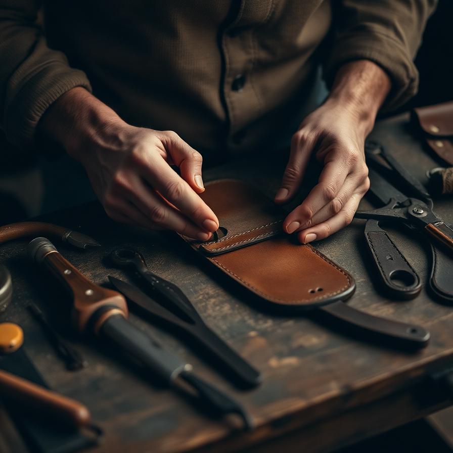 Hands working leather on a wooden bench