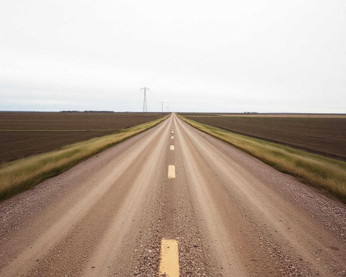 Empty gravel country road under overcast sky