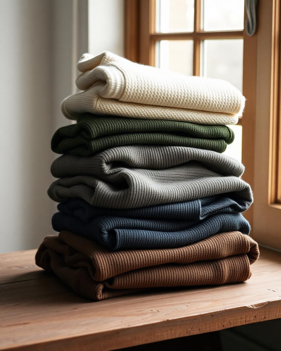Folded heavyweight knits on a rustic wooden surface